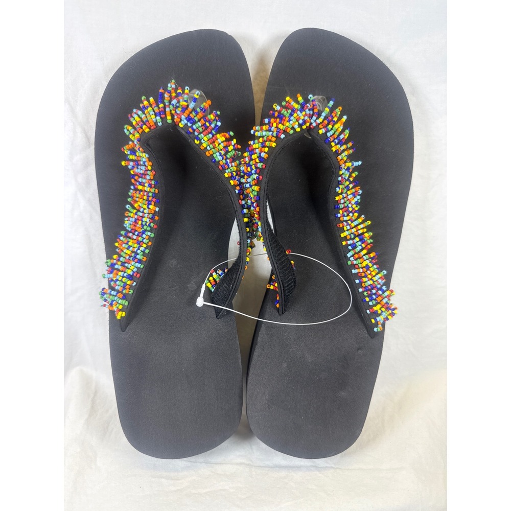 Beaded Platform Flip Flops Black Wedge Sandals Rainbow Seed Beads Size 9/10